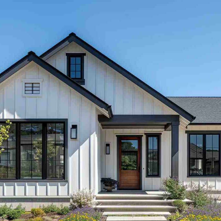 White house with black and wooden door and celling on the wall