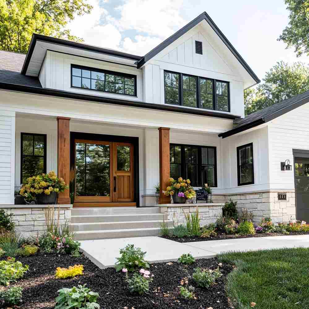 White house with black trim and wooden door