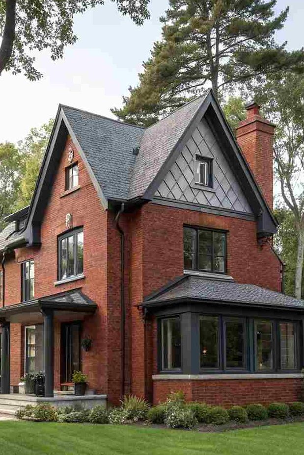 Sleek black gable roof on red brick house and garden outside of the house
