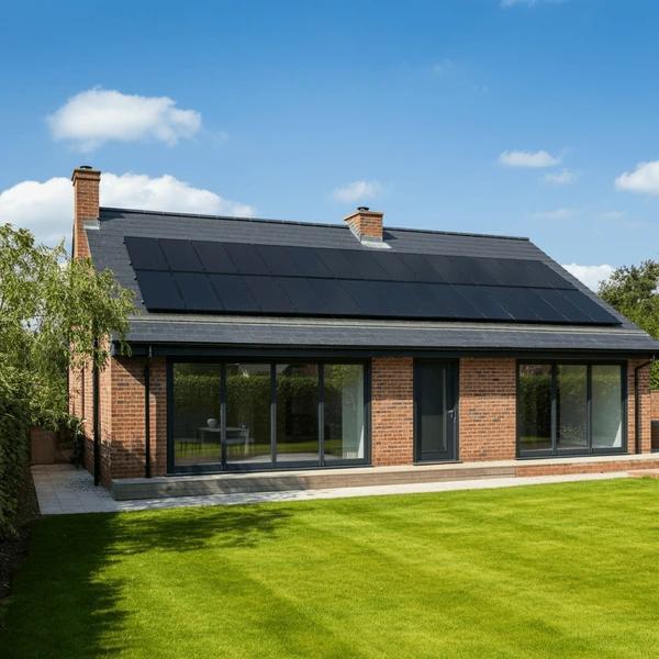 A tan house with black trim and soalr panels and black framed glass windows
