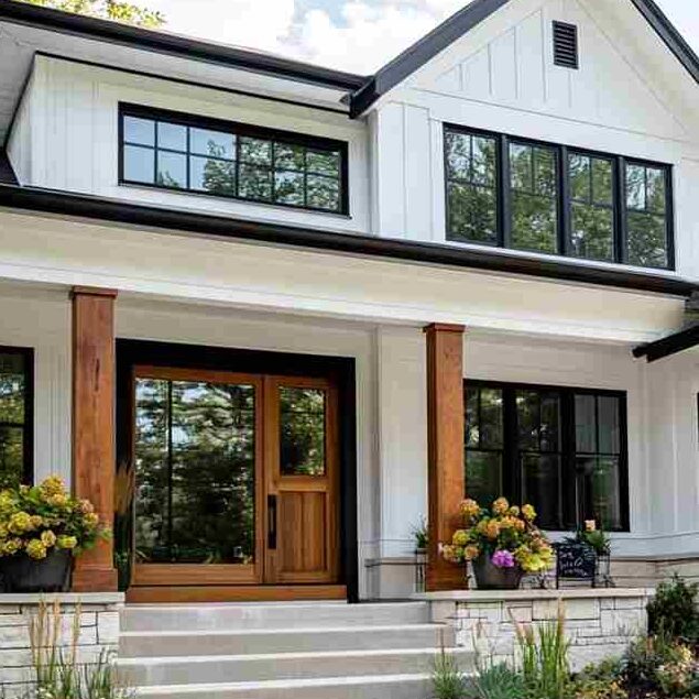A white house with black trim and wooden door and plants on the side of the door
