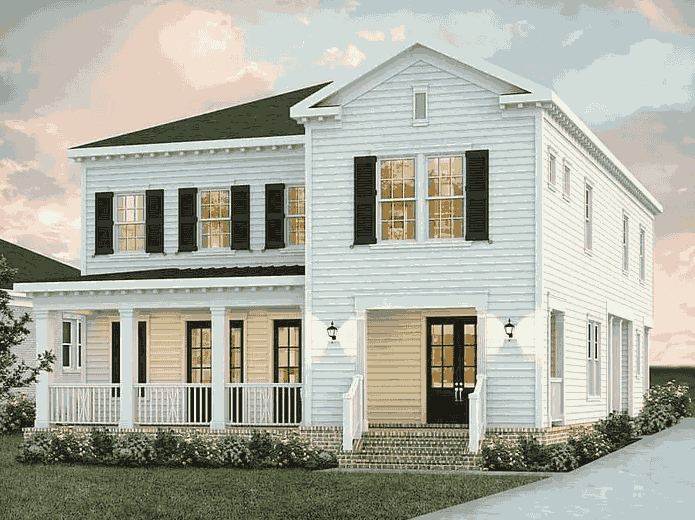 A white house with black trim and black front door and white window and white pillar