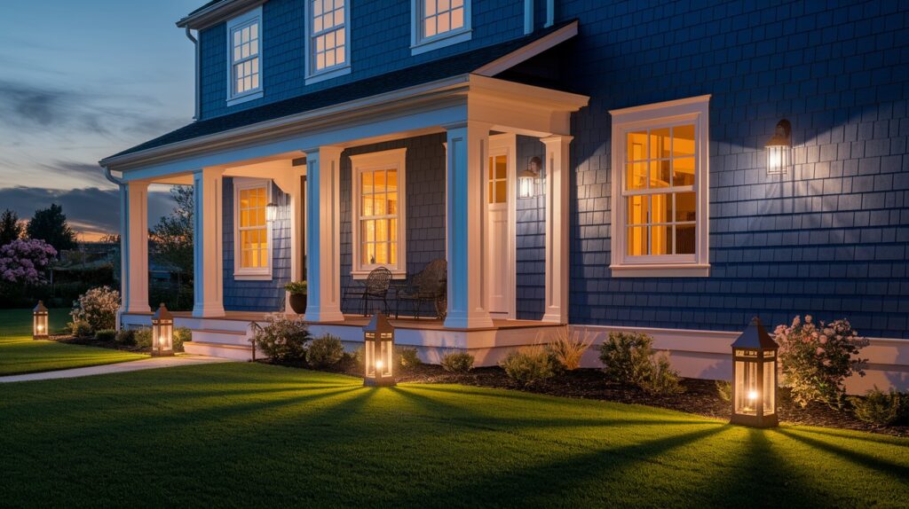 A blue house with warm lights on the house and white trim