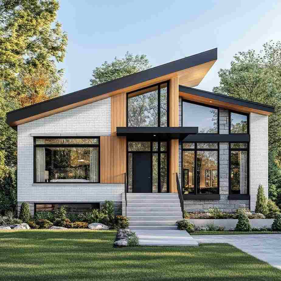 White brick house with black trim and wood and garden outside of the house