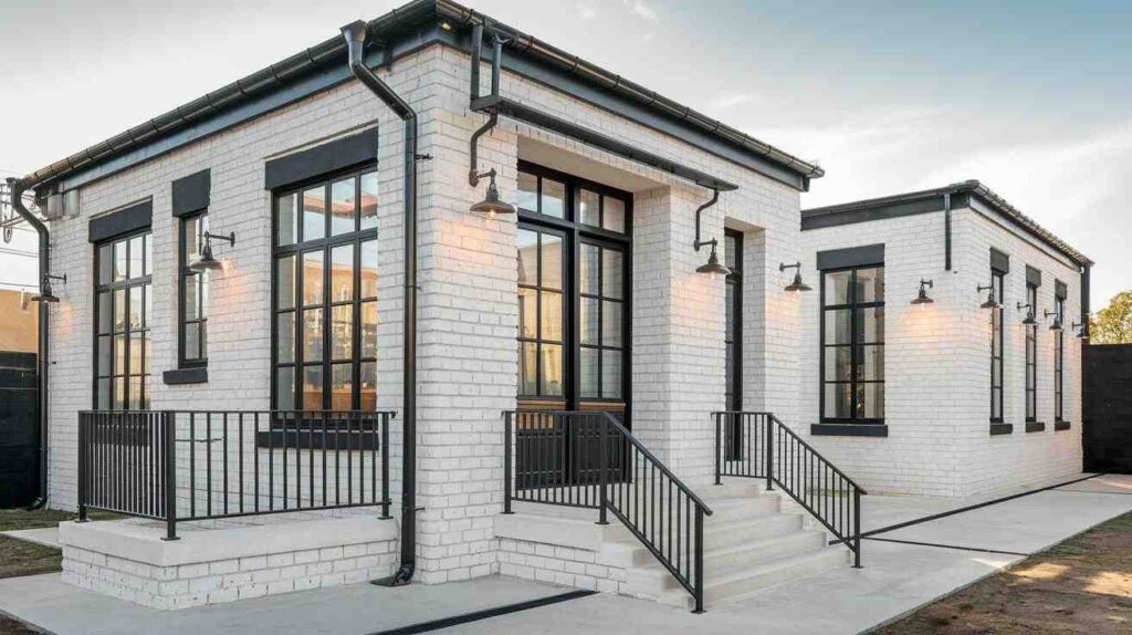 White brick house with black trim and glass framed windows