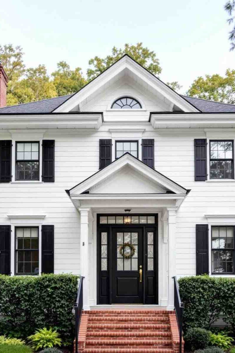 White brick house with black shutter and windows and black front door and stone stairs