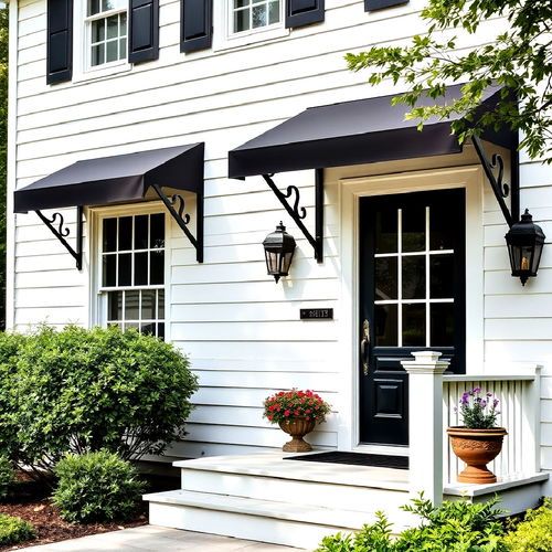 A white house with black awning and white windows
