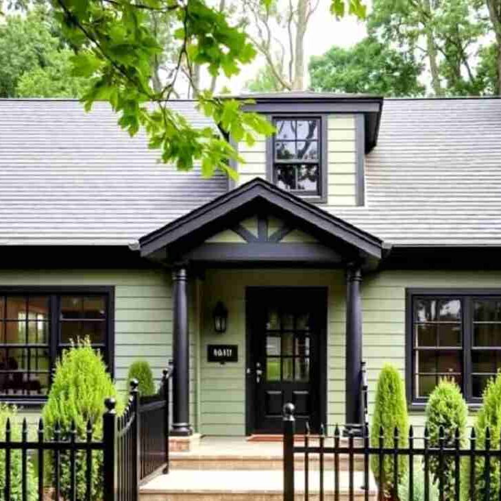Black house number on green house with black roof