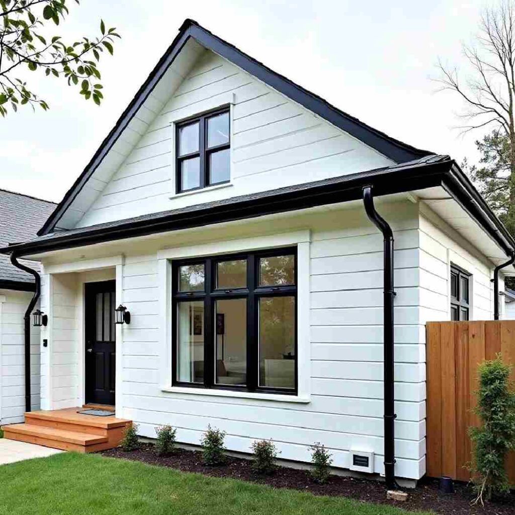 White house with black glass and wooden stair