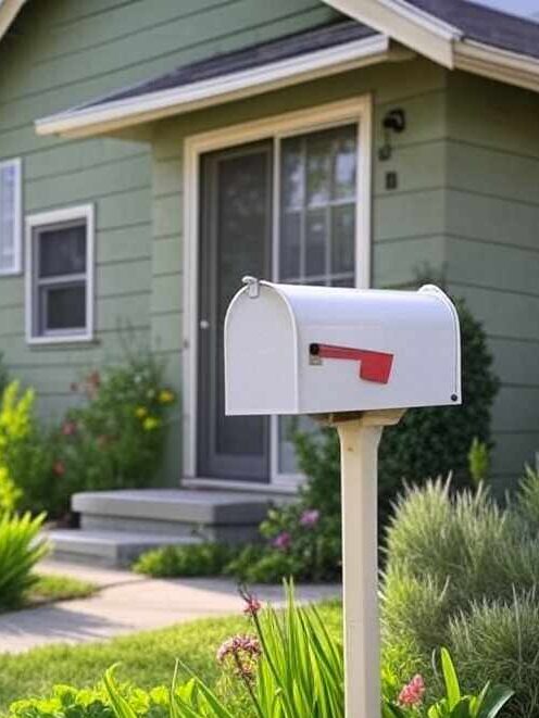 White mailbox on sage green house and black roof