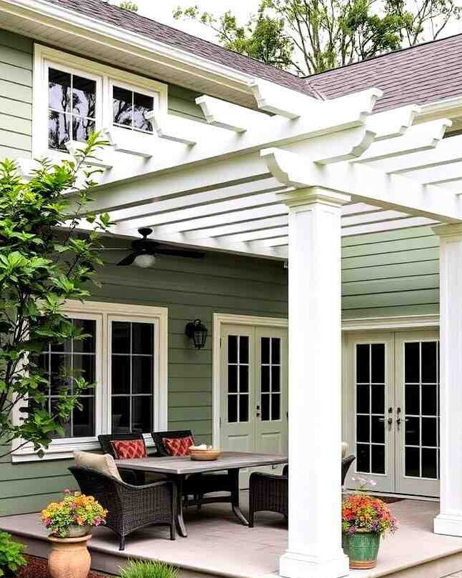 White pergola with sage green house and sofa and table outside of the house