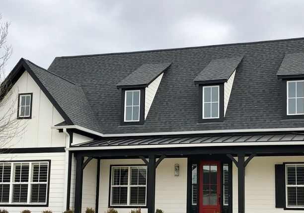 A white house with black trim and white windows and red front door