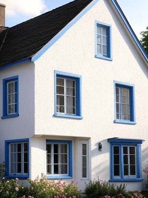 White house with blue framed windows