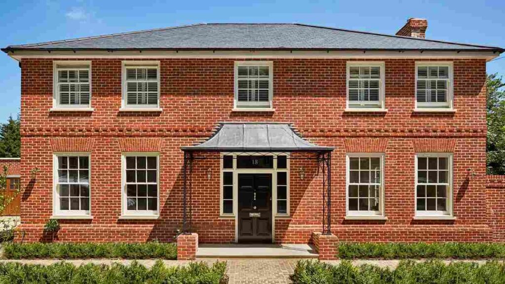 White windows on brick house and back door