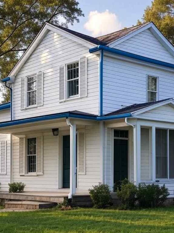White wood house exterior with blue gutters and white downspout and white windows and garden outside of the house