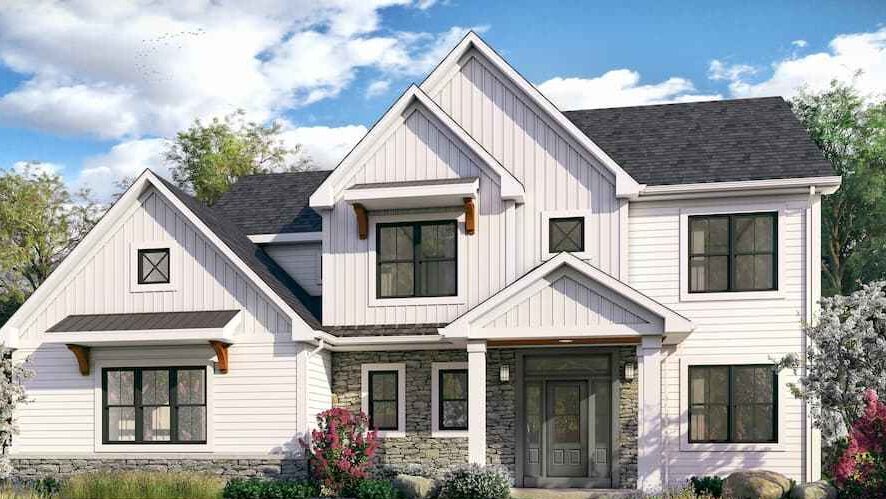 White house with black framed windows and black roof