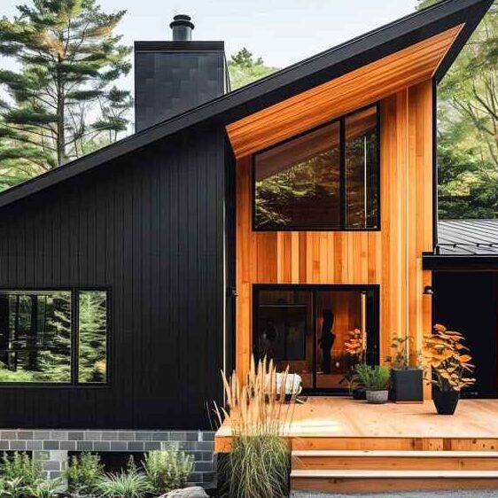 A black house with wooden sidling and woden deck 