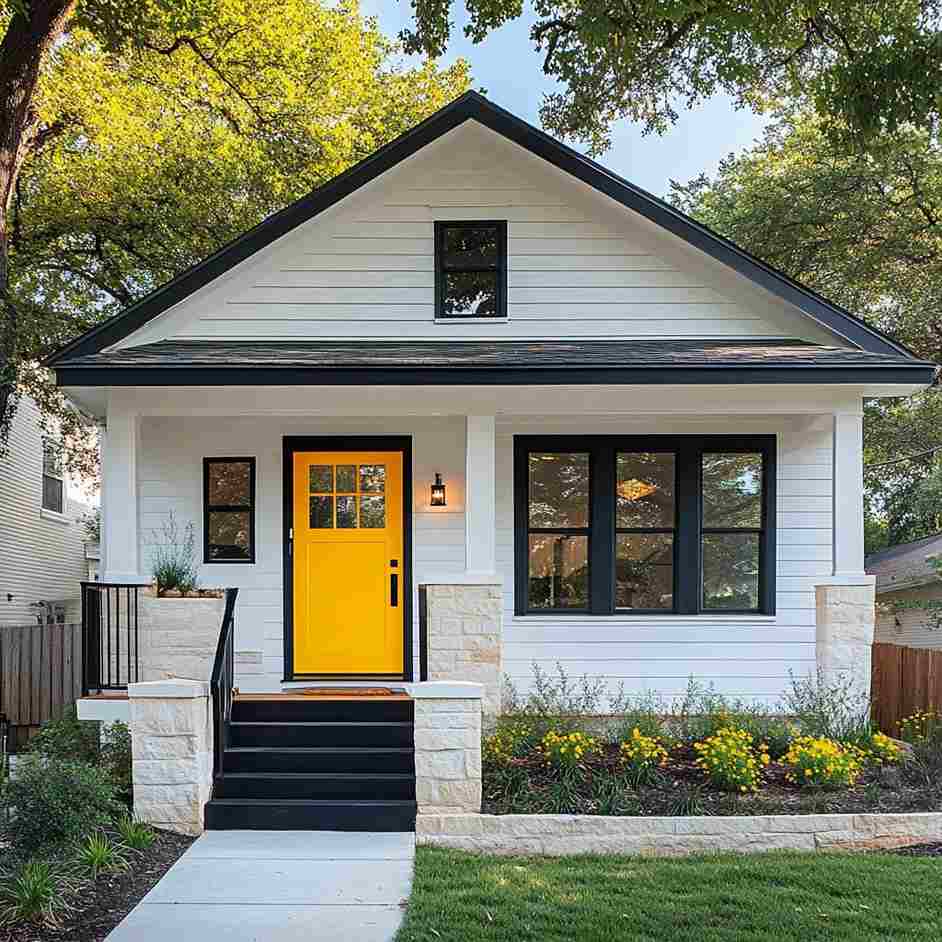 Yellow front door on white house with black trim