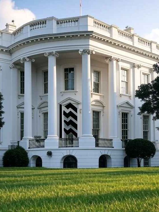 A white house with black chevron and white windows and white pillars
