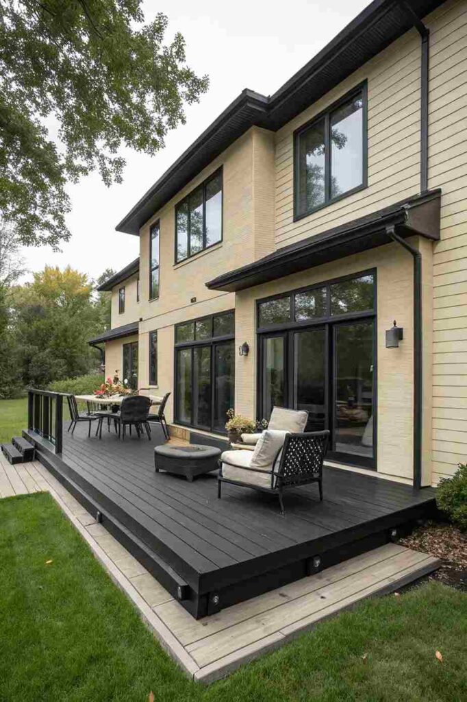 Black decking on cream house and black framed window and chair and table outside of the house and celling lights on the wall