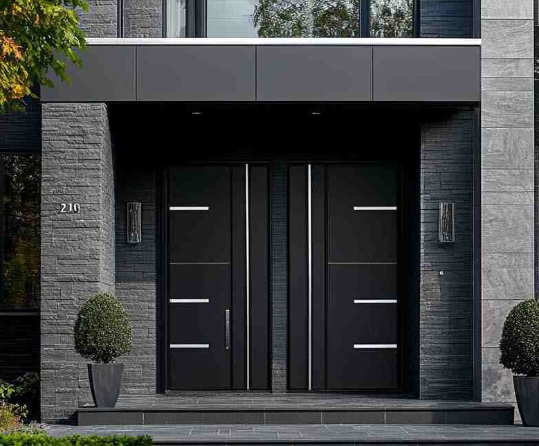 Grey house with bold black door and glass window