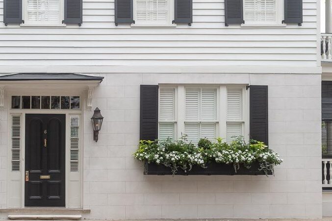 Black flowers pot on white house