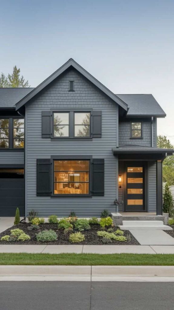 Black framed windows and warm lights in the house and plants outside of the house
