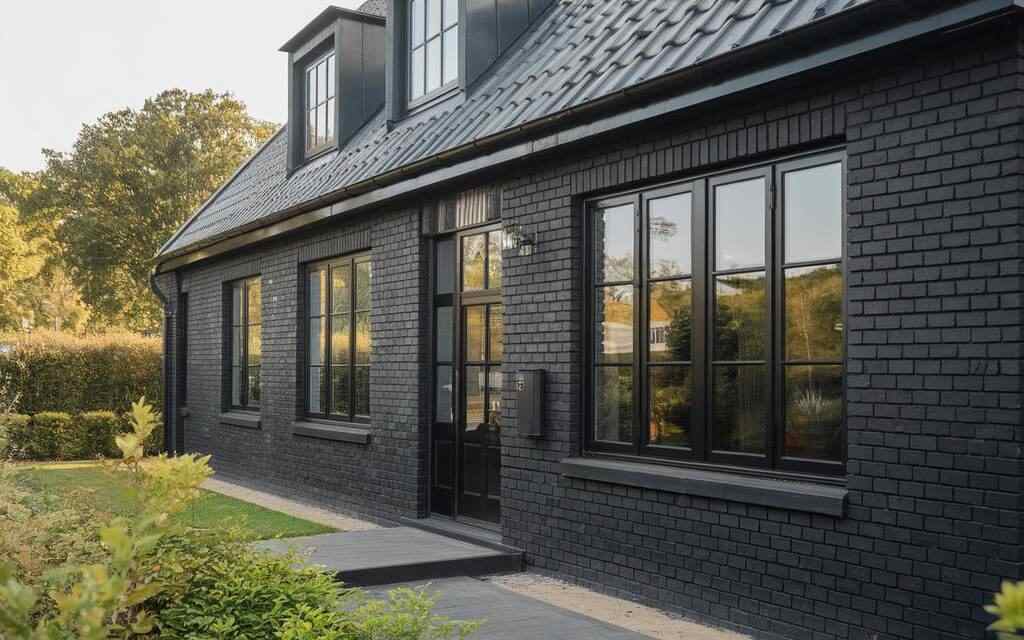 A grey house with black framed window and black door and garden outside of the house