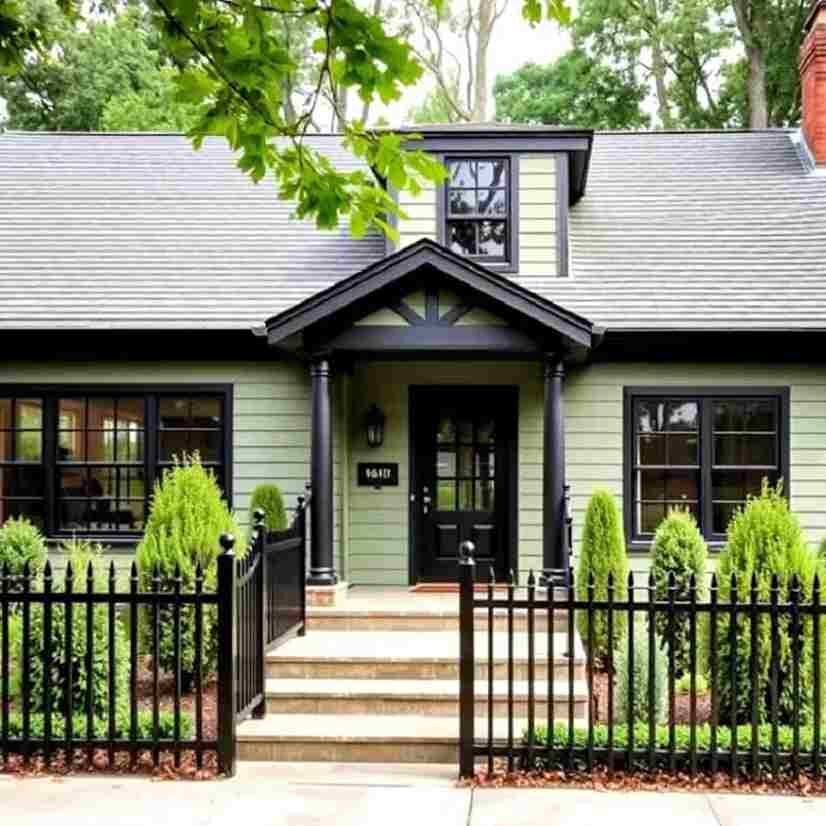 A green house with black fencing around the house and black door and windows