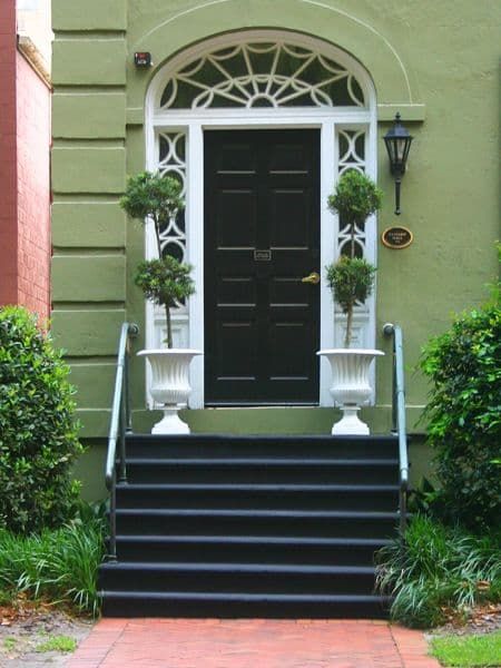 Black front door on green house with plants outside of the house