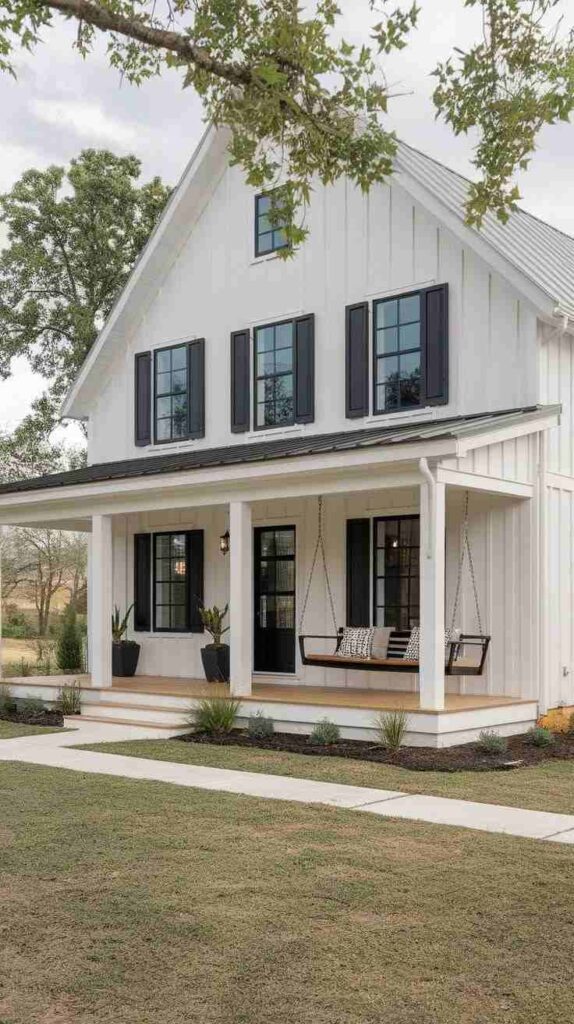 Black front door and porch