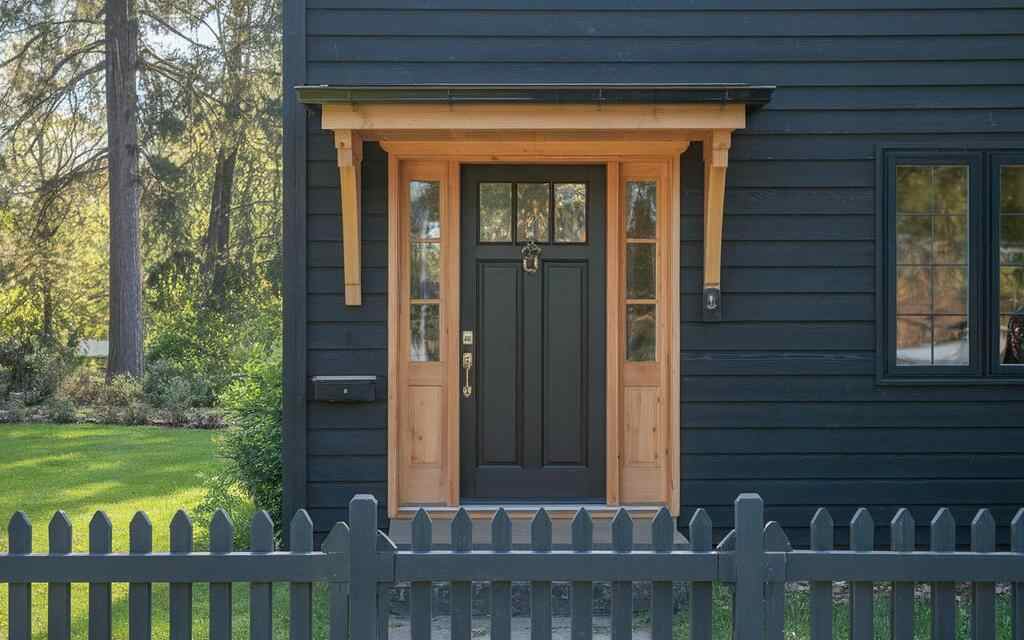 A black front door with cedar accents and garden outside of the house and black fencing front of the house