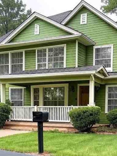 A green house with black mailbox and white windows