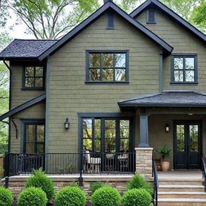 Black roof on green house with black trim windows