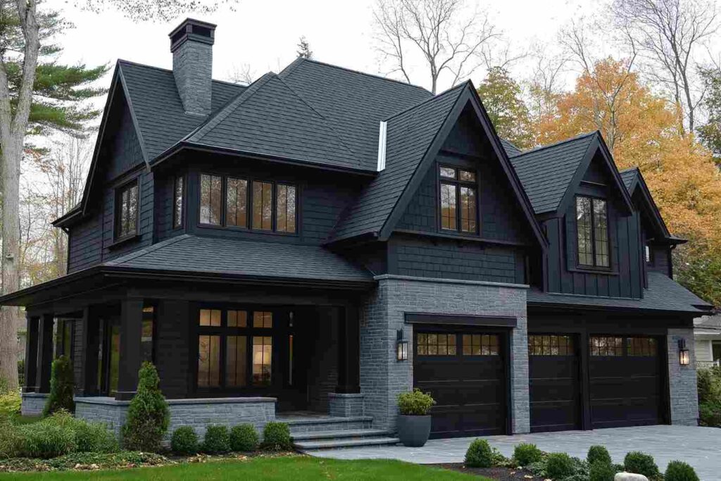 Black roof on grey house and light on the both side of the wall and black trim widows