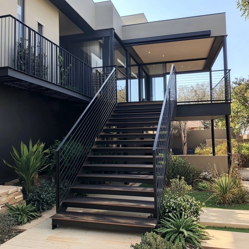 Black railing and stairs and plants outside the house