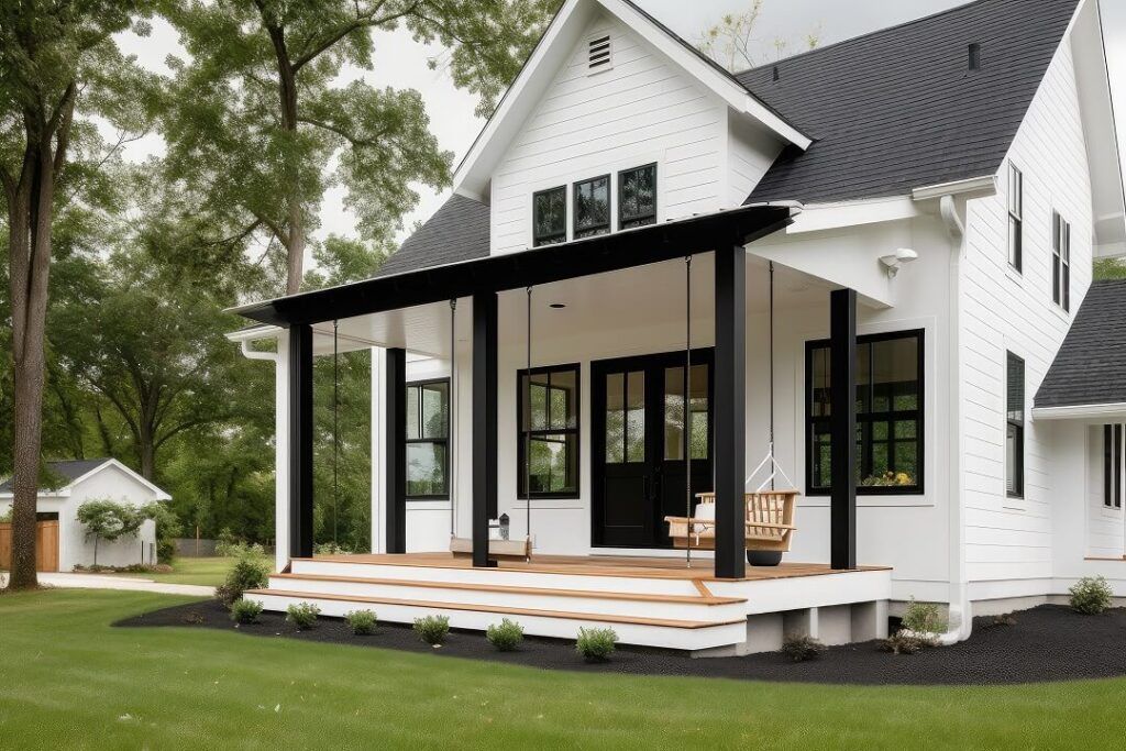 Black trim white house garden outside of the house
