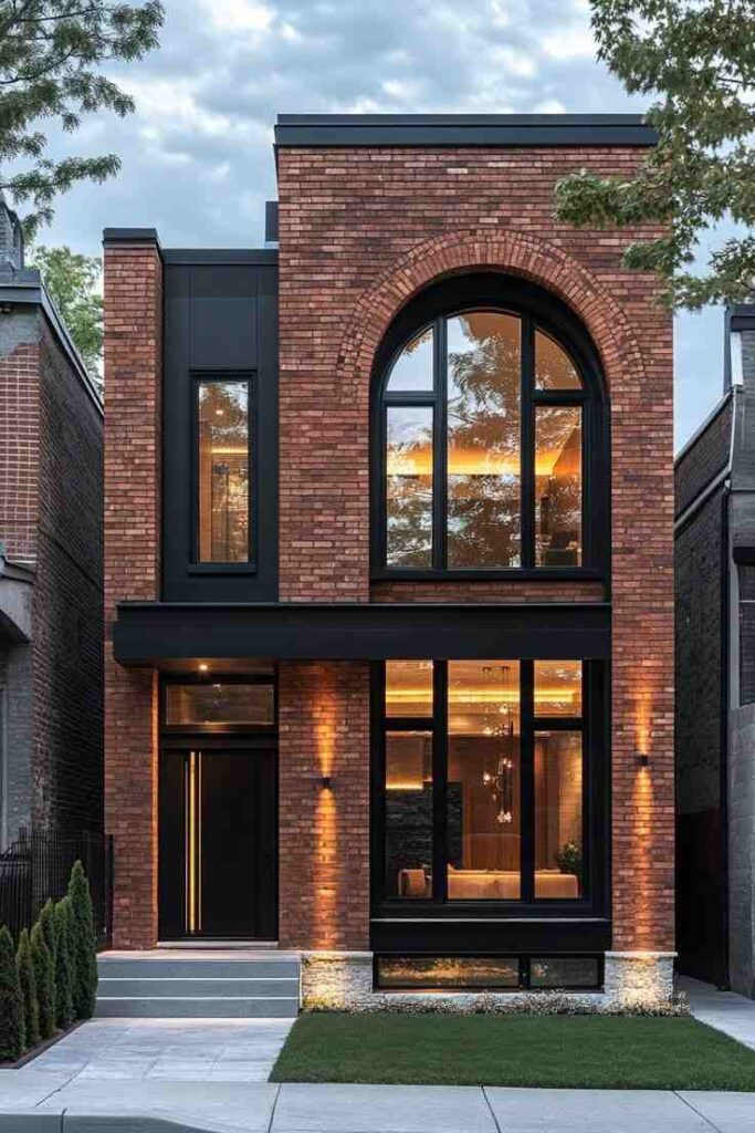 Red brick house with black framed windows celling lights on the wall