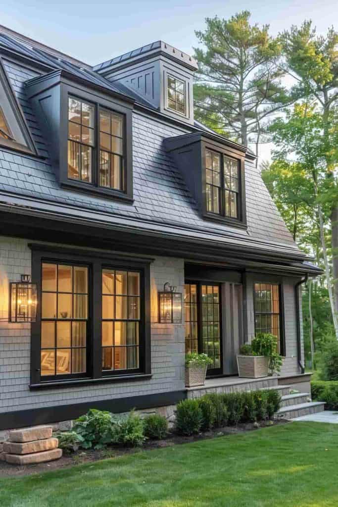 Black trim windows and warm lights in house and celling lights on he wall and garden outside of the house