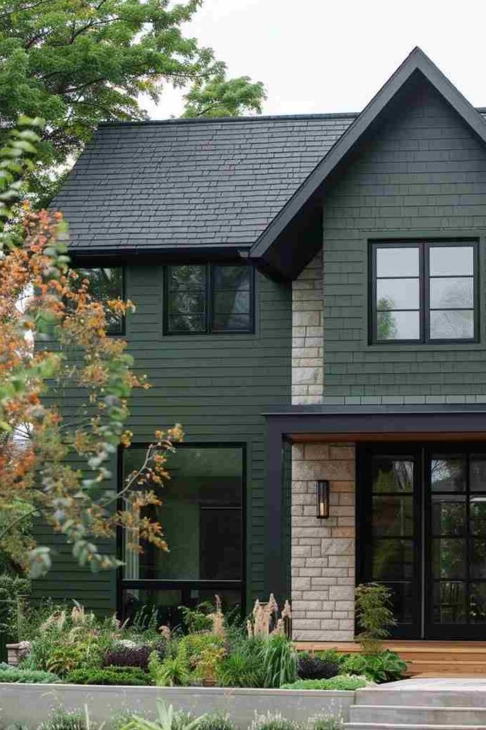 Green house with black trim and glass windows and light on the wall