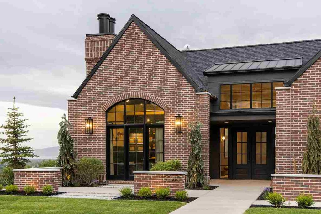 A red house with black trim and black framed glass window and lights on the wall