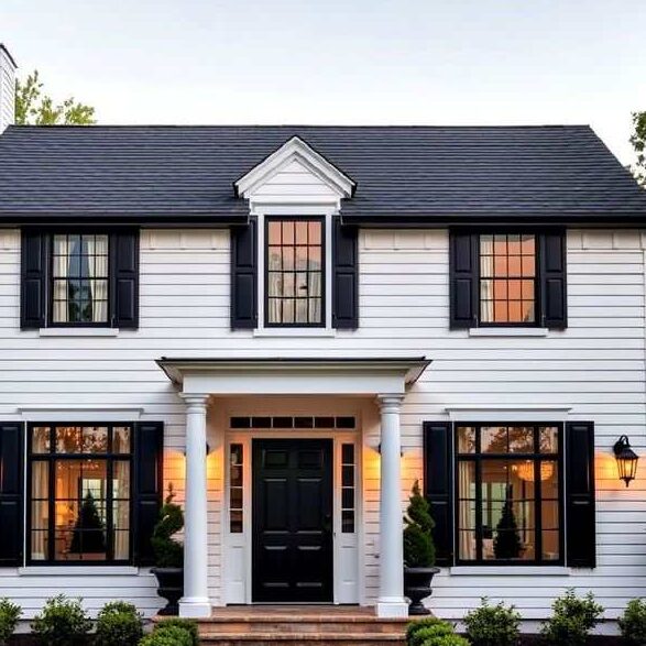White house with black windows and wam lights