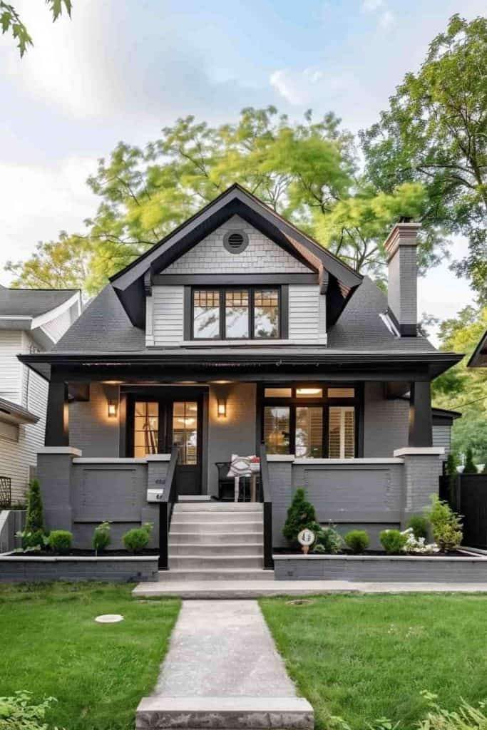 A gary house and black window and a pathway and warm lights on the wall 