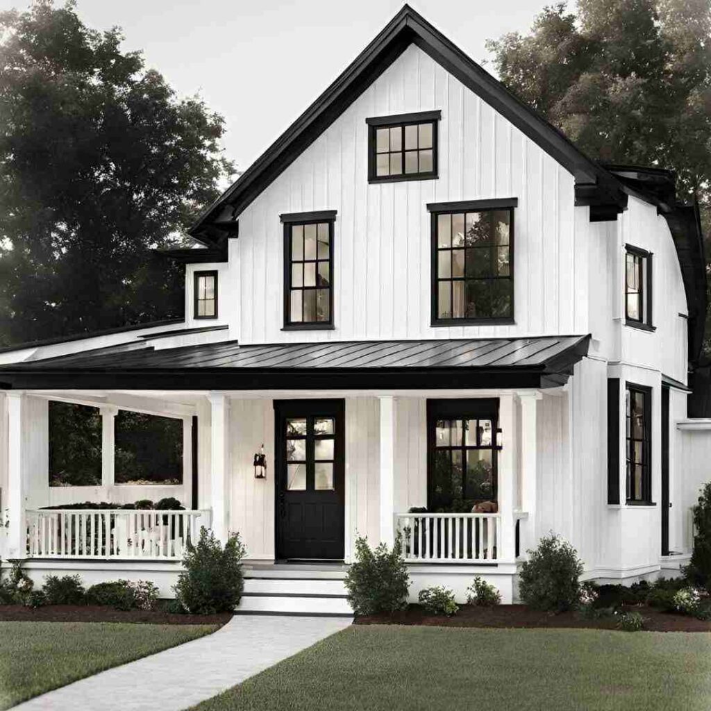 Black windows and white house and windows