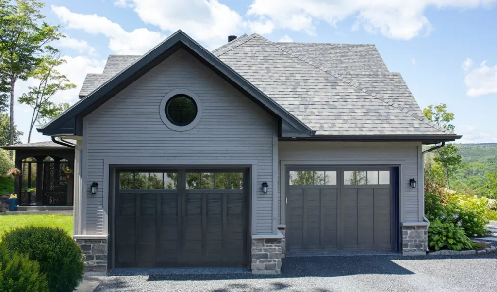 A black garage and stone roof and celling light on both side wall 