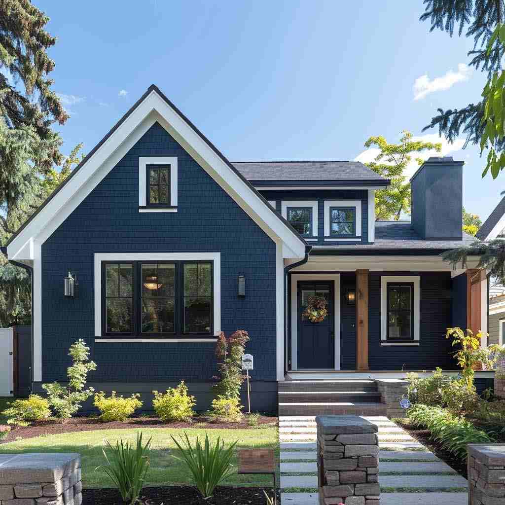 Blue house with trim and windows and light on the wall
