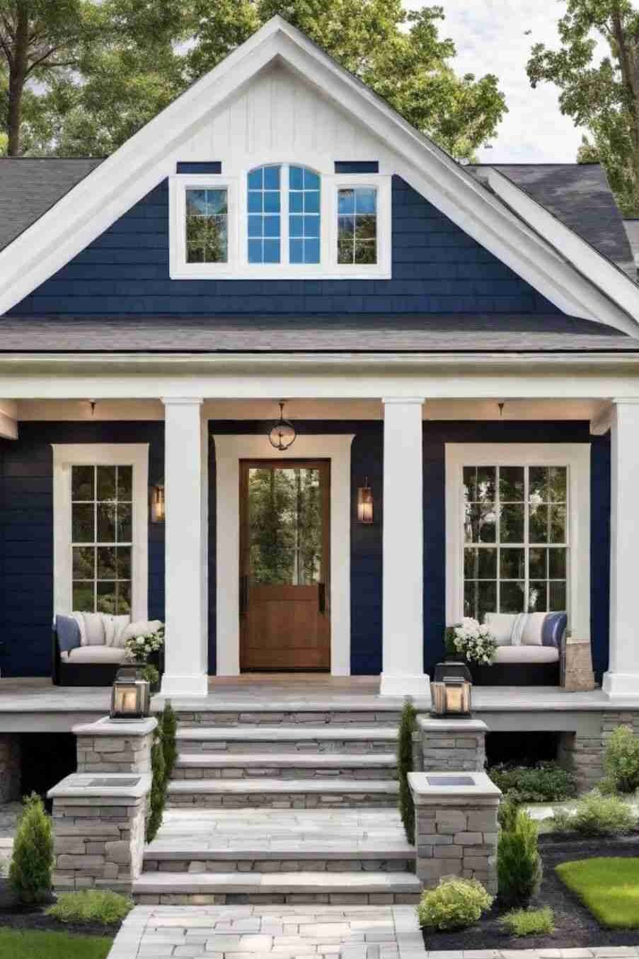 Blue house and white trim and grey stone stairs and lights on the wall