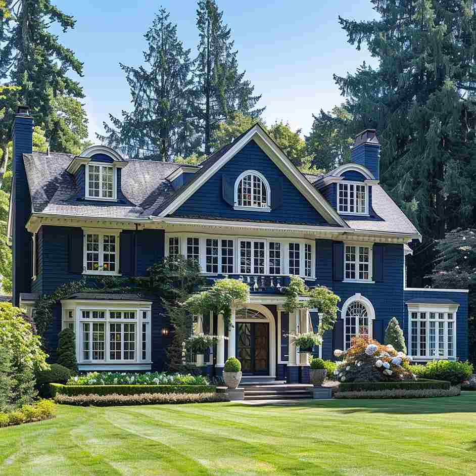 Blue with white windows and garden outside of the house and garden outside of the house