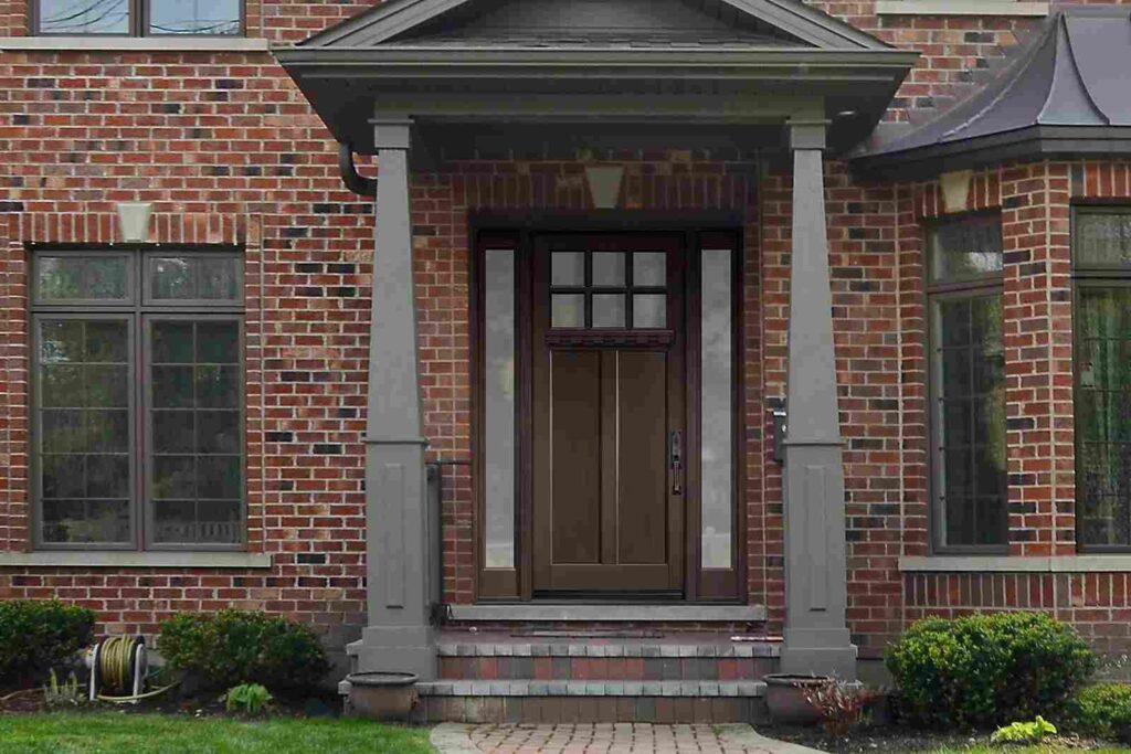Red brick house with wooden front door and glass window and grey pillars and a stone pathway