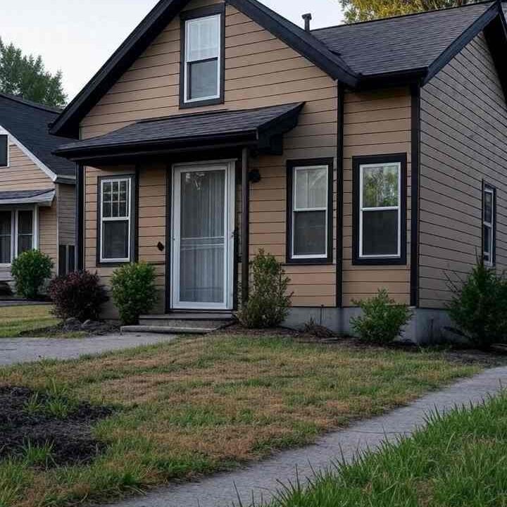 Brown sliding black trim house and white and black trim windows